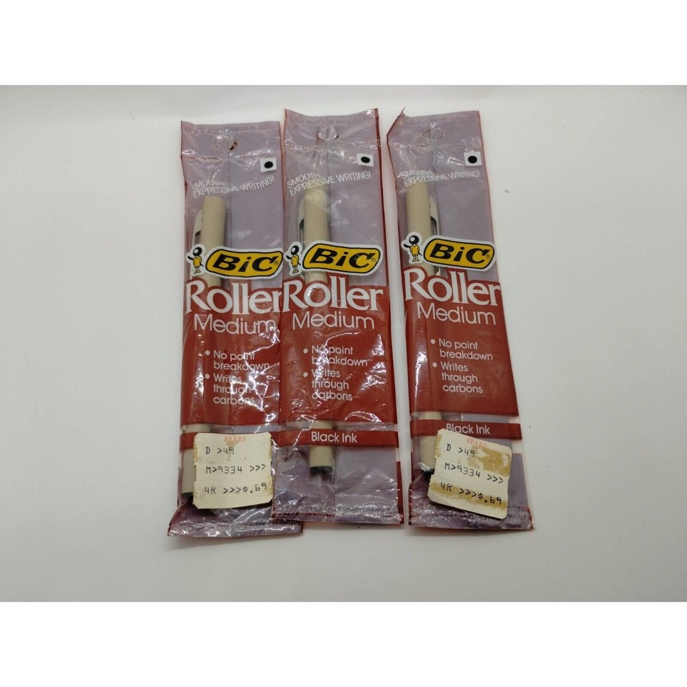 3 Vintage NOS BIC Roller Pens - Black Ink - 1983
